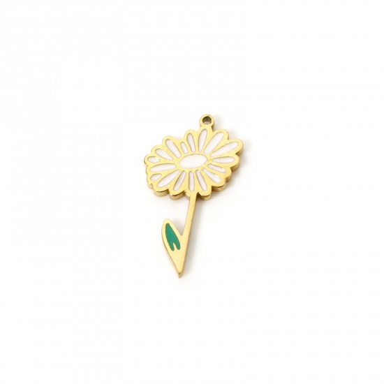 Bild von 1 Stück Umweltfreundliche Vakuumbeschichtung 304 Edelstahl Geburtsmonat Blume Charms Gänseblümchen 18K Echtgold plattiert Weiß & Grün April Emaille 19mm x 10mm