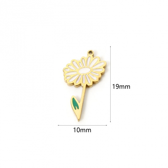 Bild von 1 Stück Umweltfreundliche Vakuumbeschichtung 304 Edelstahl Geburtsmonat Blume Charms Gänseblümchen 18K Echtgold plattiert Weiß & Grün April Emaille 19mm x 10mm