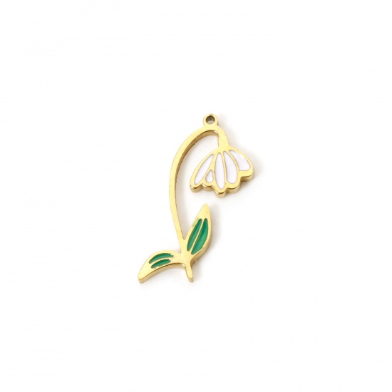 Bild von 1 Stück Umweltfreundliche Vakuumbeschichtung 304 Edelstahl Geburtsmonat Blume Charms Schneeglöckchen 18K Echtgold plattiert Weiß & Grün Januar Emaille 19mm x 13mm