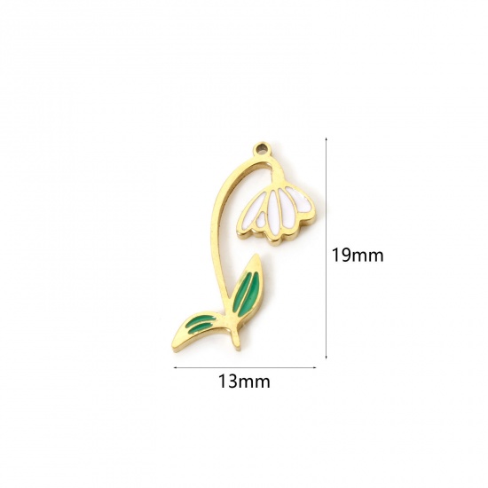 Bild von 1 Stück Umweltfreundliche Vakuumbeschichtung 304 Edelstahl Geburtsmonat Blume Charms Schneeglöckchen 18K Echtgold plattiert Weiß & Grün Januar Emaille 19mm x 13mm