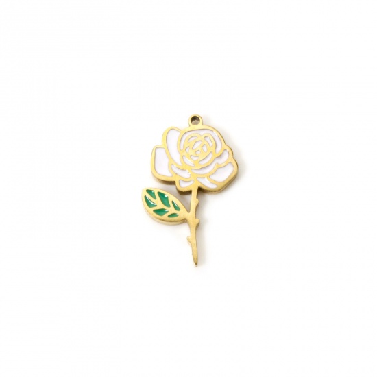 Bild von 1 Stück Umweltfreundliche Vakuumbeschichtung 304 Edelstahl Geburtsmonat Blume Charms Rose 18K Echtgold plattiert Weiß & Grün Juni Emaille 17mm x 11mm