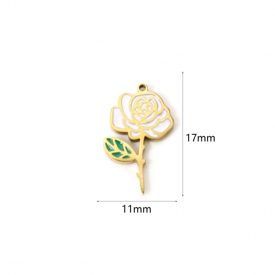Bild von 1 Stück Umweltfreundliche Vakuumbeschichtung 304 Edelstahl Geburtsmonat Blume Charms Rose 18K Echtgold plattiert Weiß & Grün Juni Emaille 17mm x 11mm