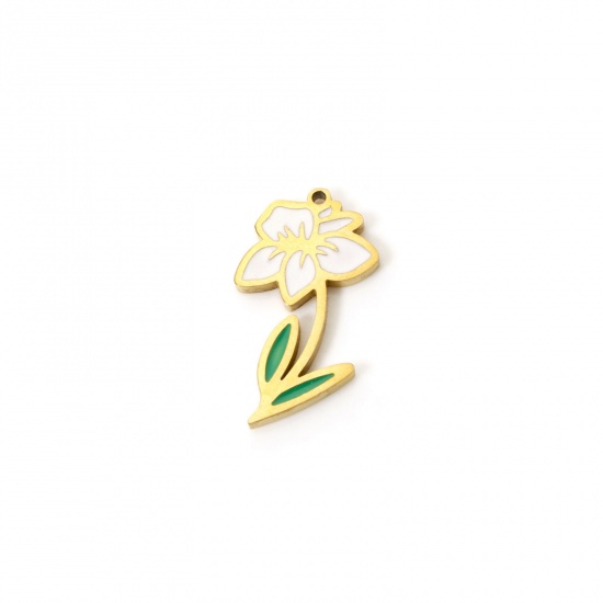 Bild von 1 Stück Umweltfreundliche Vakuumbeschichtung 304 Edelstahl Geburtsmonat Blume Charms Narzisse 18K Echtgold plattiert Weiß & Grün März Emaille 18mm x 10mm