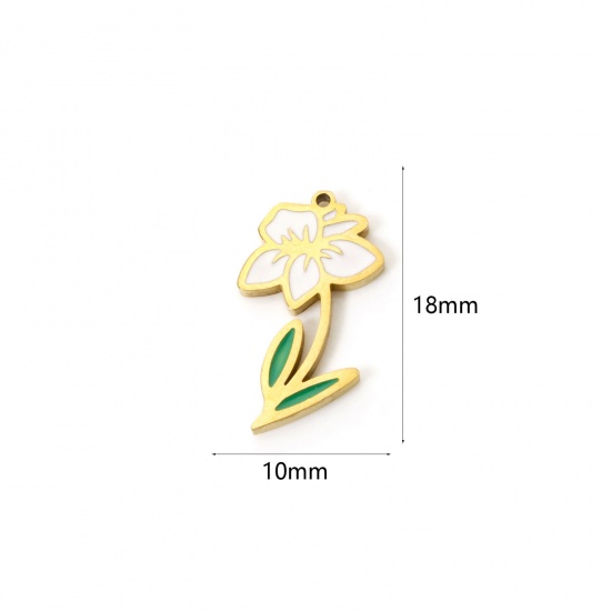 Bild von 1 Stück Umweltfreundliche Vakuumbeschichtung 304 Edelstahl Geburtsmonat Blume Charms Narzisse 18K Echtgold plattiert Weiß & Grün März Emaille 18mm x 10mm