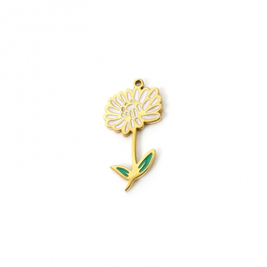 Bild von 1 Stück Umweltfreundliche Vakuumbeschichtung 304 Edelstahl Geburtsmonat Blume Charms Chrysantheme 18K Echtgold plattiert Weiß & Grün November Emaille 18mm x 9mm