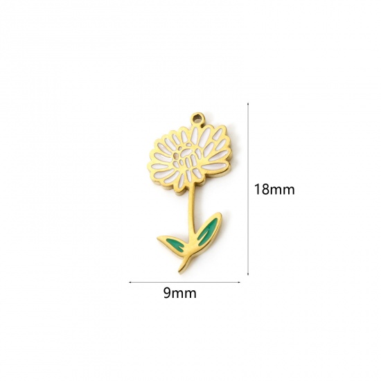 Bild von 1 Stück Umweltfreundliche Vakuumbeschichtung 304 Edelstahl Geburtsmonat Blume Charms Chrysantheme 18K Echtgold plattiert Weiß & Grün November Emaille 18mm x 9mm