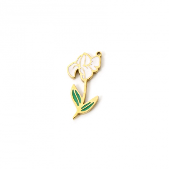 Bild von 1 Stück Umweltfreundliche Vakuumbeschichtung 304 Edelstahl Geburtsmonat Blume Charms Iris Blume 18K Echtgold plattiert Weiß & Grün Februar Emaille 19mm x 9mm