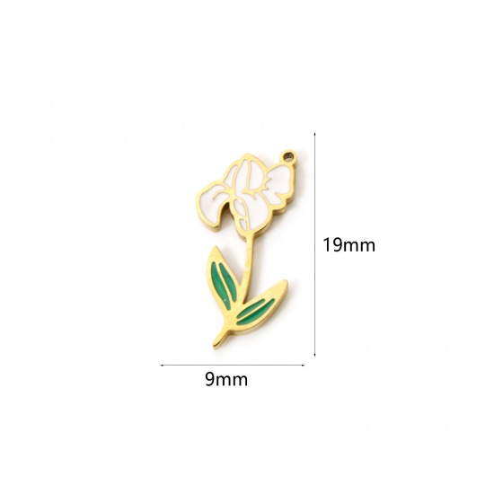 Bild von 1 Stück Umweltfreundliche Vakuumbeschichtung 304 Edelstahl Geburtsmonat Blume Charms Iris Blume 18K Echtgold plattiert Weiß & Grün Februar Emaille 19mm x 9mm