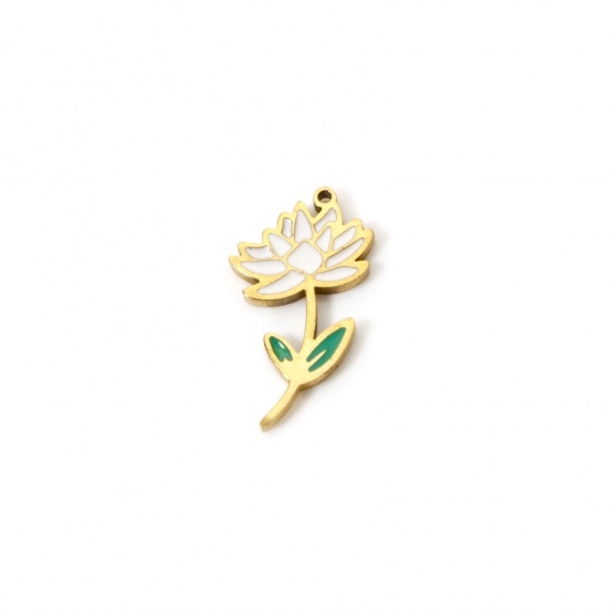 Bild von 1 Stück Umweltfreundliche Vakuumbeschichtung 304 Edelstahl Geburtsmonat Blume Charms Lotosblume 18K Echtgold plattiert Weiß & Grün Juli Emaille 18mm x 10mm
