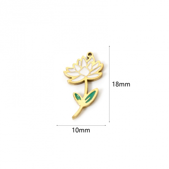 Bild von 1 Stück Umweltfreundliche Vakuumbeschichtung 304 Edelstahl Geburtsmonat Blume Charms Lotosblume 18K Echtgold plattiert Weiß & Grün Juli Emaille 18mm x 10mm