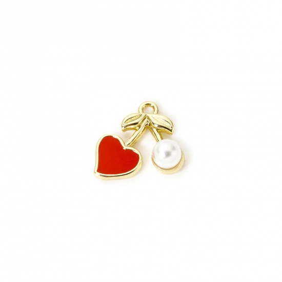 Picture of 1 Piece Brass 3D Charms 18K Gold Plated Red Cherry Fruit Enamel 12mm x 11mm