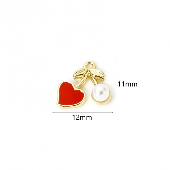 Picture of 1 Piece Brass 3D Charms 18K Gold Plated Red Cherry Fruit Enamel 12mm x 11mm