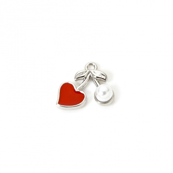 Picture of 1 Piece Brass 3D Charms Platinum Plated Red Cherry Fruit Enamel 12mm x 11mm