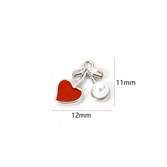 Picture of 1 Piece Brass 3D Charms Platinum Plated Red Cherry Fruit Enamel 12mm x 11mm