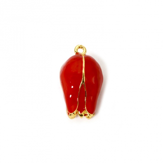 Picture of 1 Piece Brass 3D Charms 18K Gold Plated Red Tulip Flower Enamel 24mm x 15mm