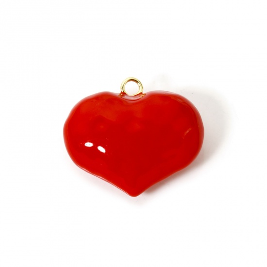 Picture of 1 Piece Brass 3D Charms 18K Gold Plated Red Heart Enamel 3.1cm x 2.7cm