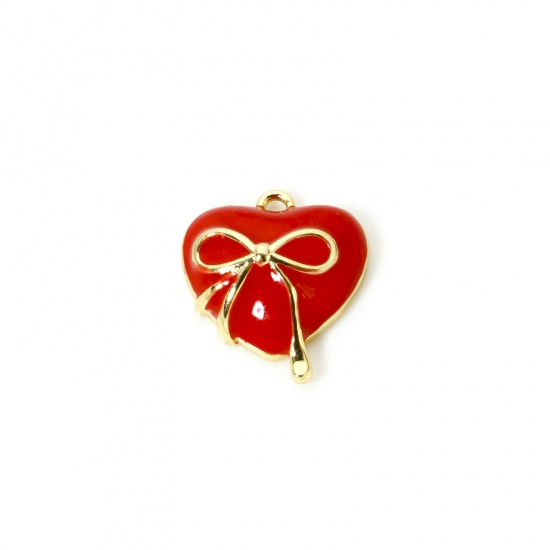 Picture of 1 Piece Brass 3D Charms 18K Gold Plated Red Heart Bowknot Enamel 15mm x 14mm