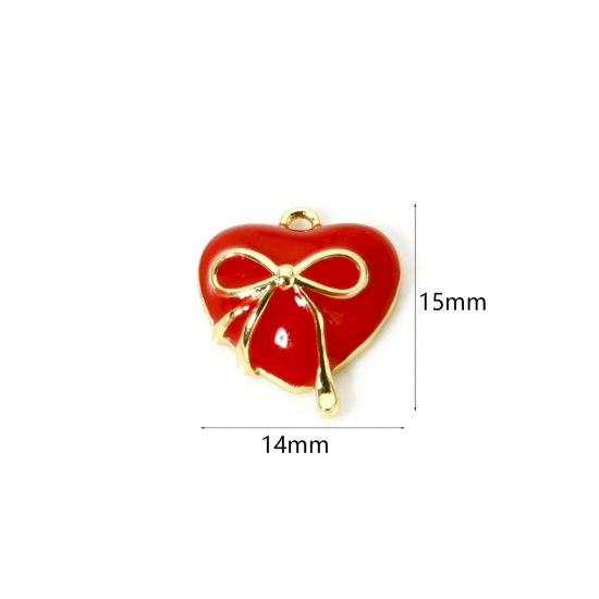 Picture of 1 Piece Brass 3D Charms 18K Gold Plated Red Heart Bowknot Enamel 15mm x 14mm