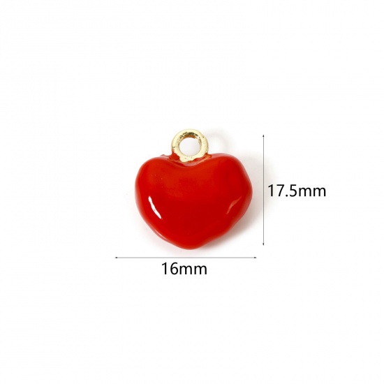 Picture of 1 Piece Brass 3D Charms 18K Gold Plated Red Heart Enamel 17.5mm x 16mm