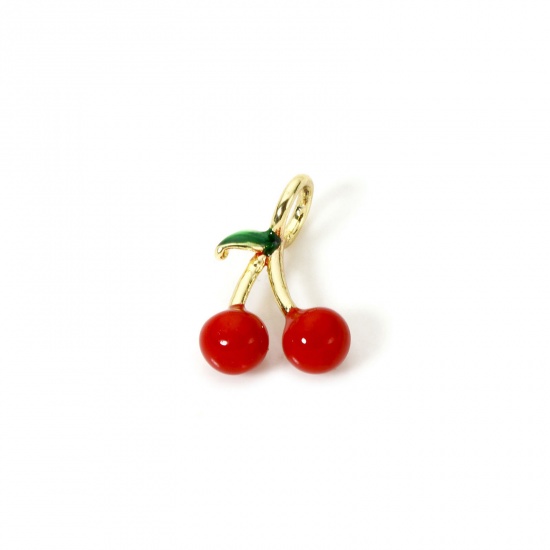 Изображение 1 Piece Brass 3D Charms 18K Gold Plated Cherry Fruit Enamel 16mm x 12mm