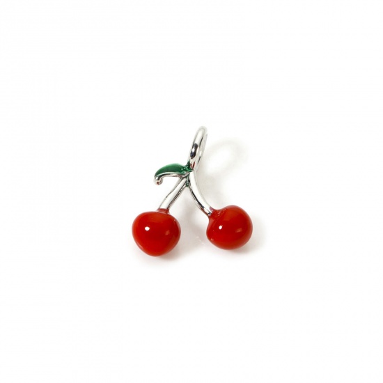 Изображение 1 Piece Brass 3D Charms Platinum Plated Red Cherry Fruit Enamel 16mm x 12mm