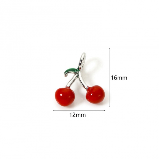 Изображение 1 Piece Brass 3D Charms Platinum Plated Red Cherry Fruit Enamel 16mm x 12mm