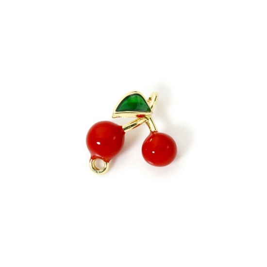 Изображение 1 Piece Brass 3D Connectors Charms Pendants 18K Gold Plated Red Cherry Fruit Enamel 13mm x 13mm