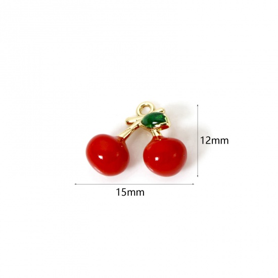 Изображение 1 Piece Brass 3D Charms 18K Gold Plated Red Cherry Fruit Enamel 15mm x 12mm