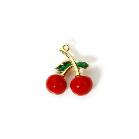 Изображение 1 Piece Brass 3D Charms 18K Gold Plated Red Cherry Fruit Enamel 21mm x 19mm