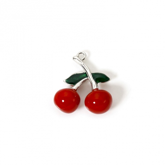 Изображение 1 Piece Brass 3D Charms Platinum Plated Red Cherry Fruit Enamel 21mm x 19mm