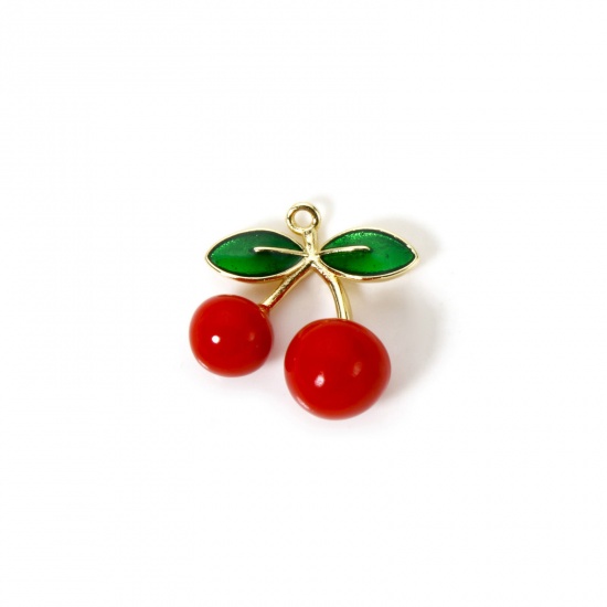 Изображение 1 Piece Brass 3D Charms 18K Gold Plated Red Cherry Fruit Enamel 19mm x 18mm