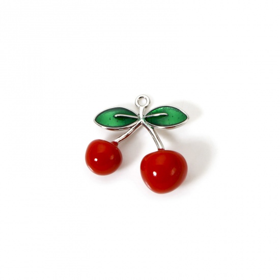 Изображение 1 Piece Brass 3D Charms Platinum Plated Red Cherry Fruit Enamel 19mm x 18mm