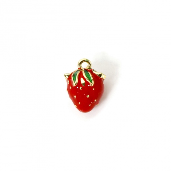 Изображение 1 Piece Brass 3D Charms 18K Gold Plated Red Strawberry Fruit Enamel 12mm x 9mm