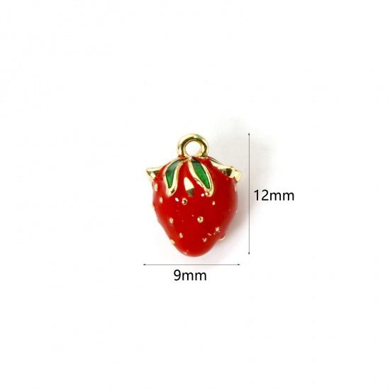 Изображение 1 Piece Brass 3D Charms 18K Gold Plated Red Strawberry Fruit Enamel 12mm x 9mm