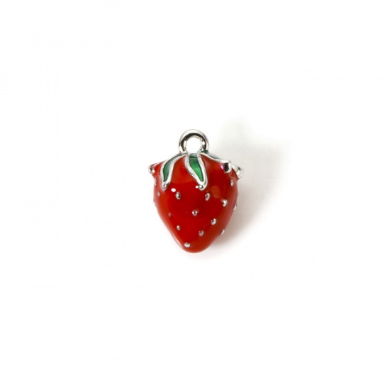 Изображение 1 Piece Brass 3D Charms Platinum Plated Red Strawberry Fruit Enamel 12mm x 9mm