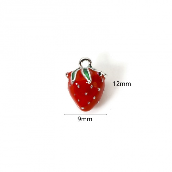 Изображение 1 Piece Brass 3D Charms Platinum Plated Red Strawberry Fruit Enamel 12mm x 9mm