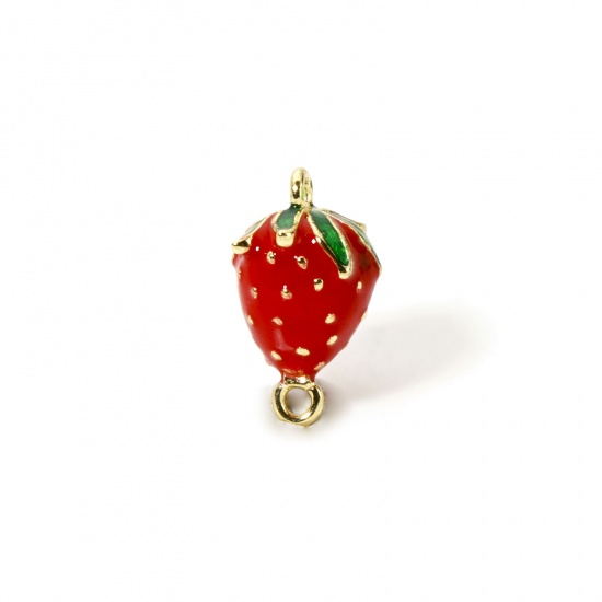 Изображение 1 Piece Brass 3D Connectors Charms Pendants 18K Gold Plated Red Strawberry Fruit Enamel 14.5mm x 9mm