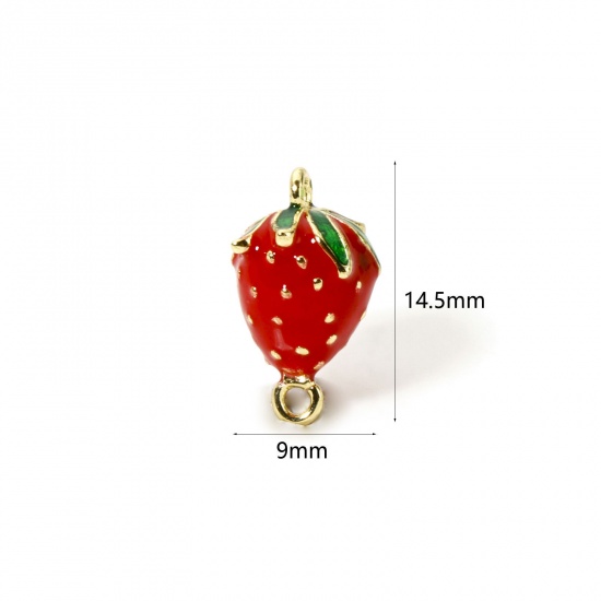 Изображение 1 Piece Brass 3D Connectors Charms Pendants 18K Gold Plated Red Strawberry Fruit Enamel 14.5mm x 9mm