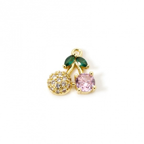 Изображение 1 Piece Brass Charms 18K Gold Plated Cherry Fruit Cubic Zirconia 13mm x 13mm