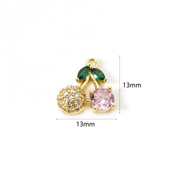 Изображение 1 Piece Brass Charms 18K Gold Plated Cherry Fruit Cubic Zirconia 13mm x 13mm