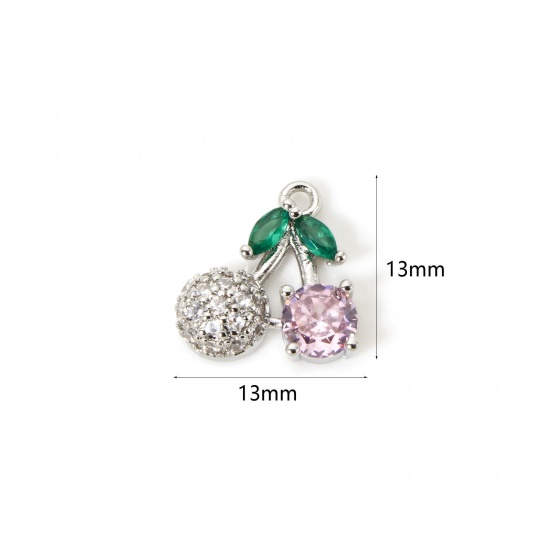 Изображение 1 Piece Brass Charms Platinum Plated Cherry Fruit Cubic Zirconia 13mm x 13mm