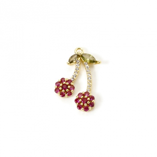 Изображение 1 Piece Brass Charms 18K Gold Plated Cherry Fruit Cubic Zirconia 19mm x 12mm