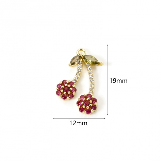 Изображение 1 Piece Brass Charms 18K Gold Plated Cherry Fruit Cubic Zirconia 19mm x 12mm