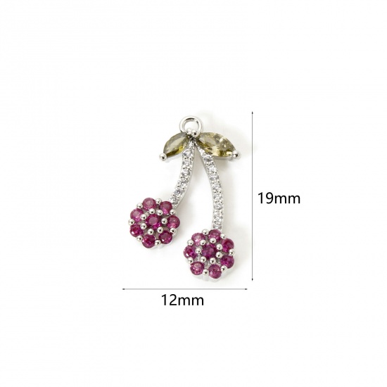 Изображение 1 Piece Brass Charms Platinum Plated Cherry Fruit Cubic Zirconia 19mm x 12mm