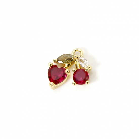 Изображение 1 Piece Brass Charms 18K Gold Plated Cherry Fruit Cubic Zirconia 12mm x 11mm