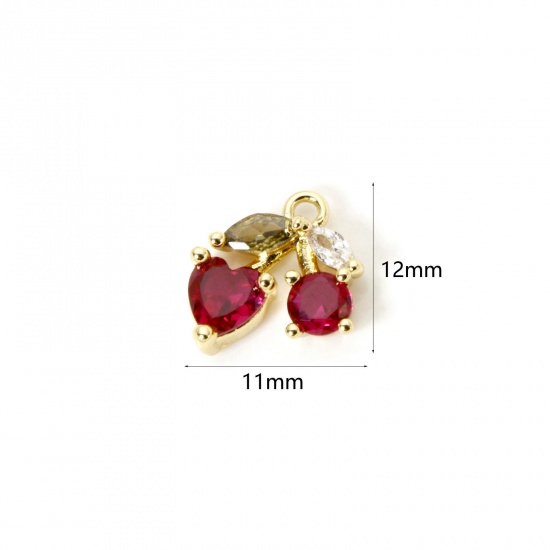 Изображение 1 Piece Brass Charms 18K Gold Plated Cherry Fruit Cubic Zirconia 12mm x 11mm