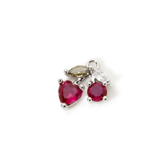 Изображение 1 Piece Brass Charms Platinum Plated Cherry Fruit Cubic Zirconia 12mm x 11mm