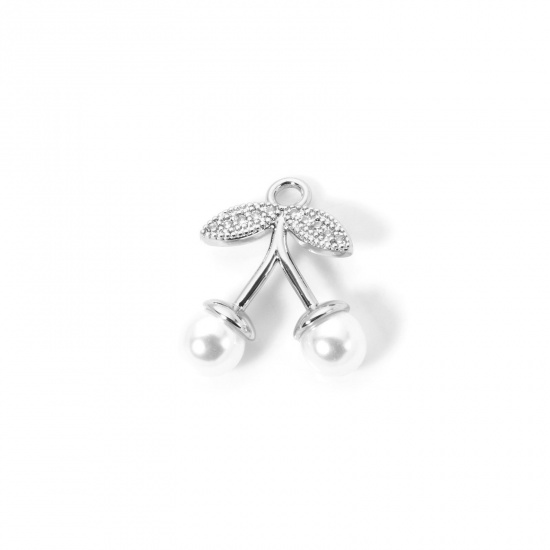 Изображение 1 Piece Brass Charms Platinum Plated Cherry Fruit Cubic Zirconia 18mm x 17mm