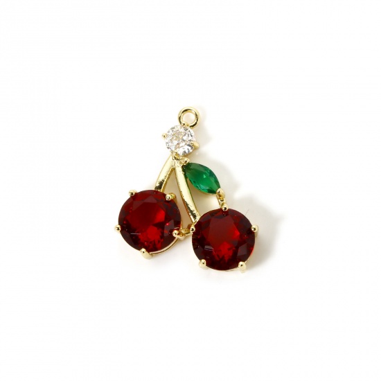 Изображение 1 Piece Brass Charms 18K Gold Plated Cherry Fruit Cubic Zirconia 21mm x 18mm