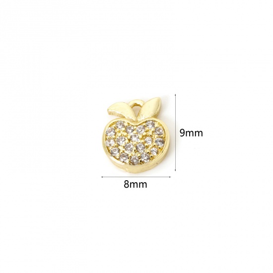 Изображение 1 Piece Brass Charms 18K Gold Plated Apple Fruit Cubic Zirconia 9mm x 8mm